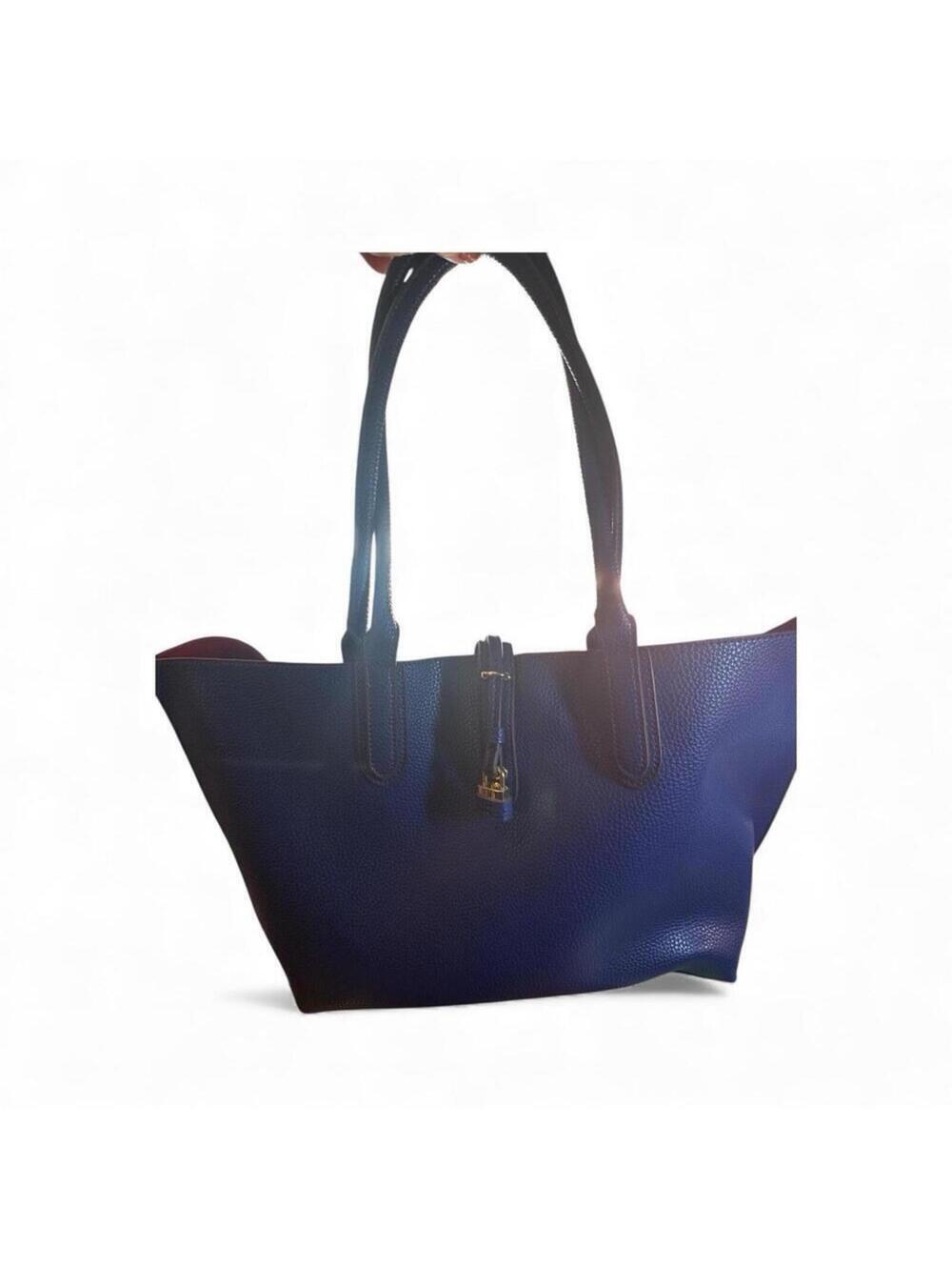 Tutilo NY Navy Pebbled Faux Leather Large Double Handle Tote Bag Red Interior